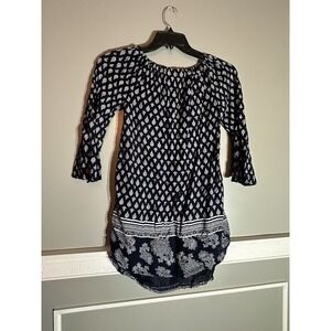 Indulge Navy White Paisley Print Off‎ Shoulder 3/4 Sleeve Tunic Dress Size S